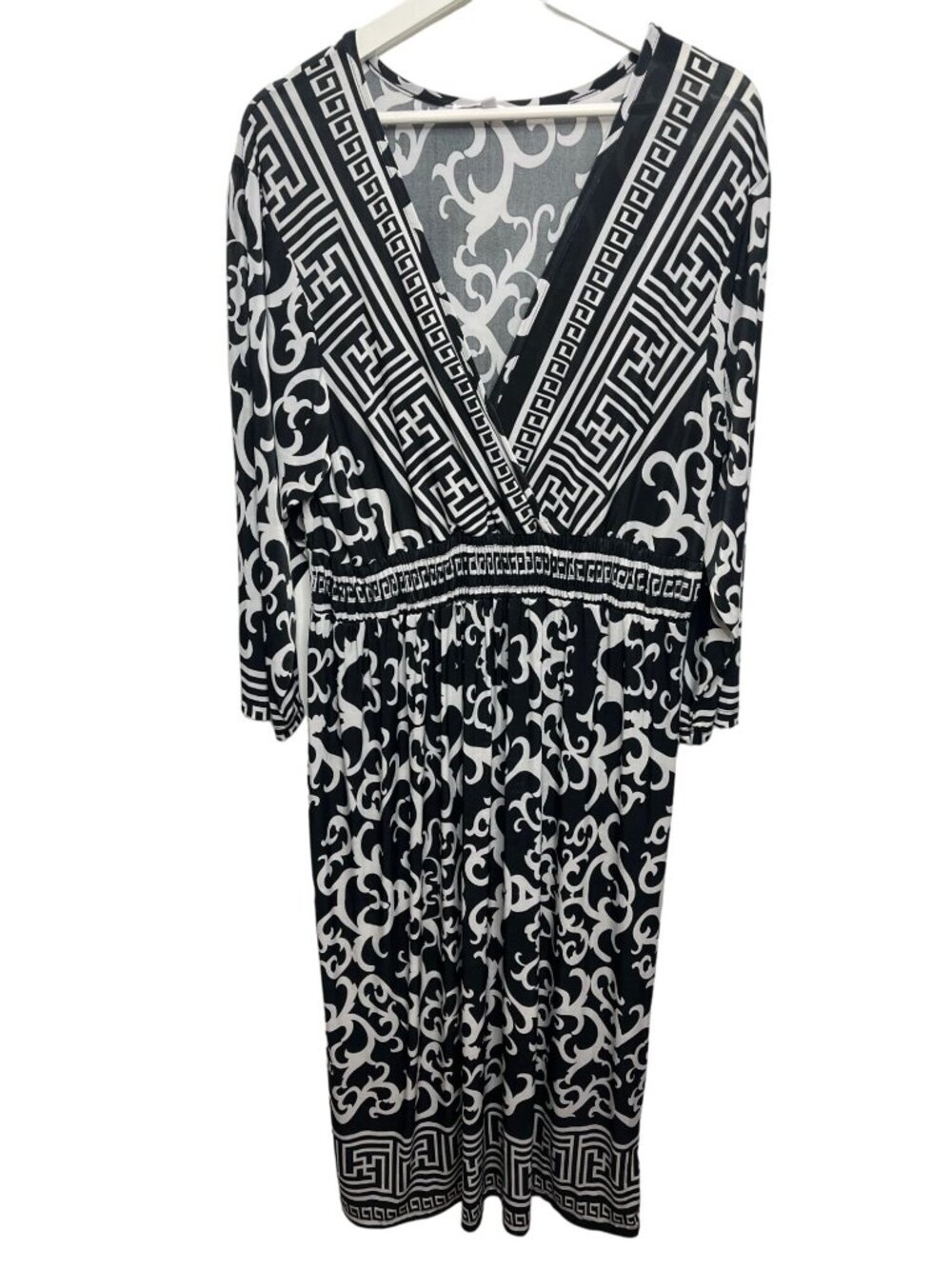 Lapogee Womens 2X Maxi Dress Black White Geometric Long Sleeve Stretch Plus Size